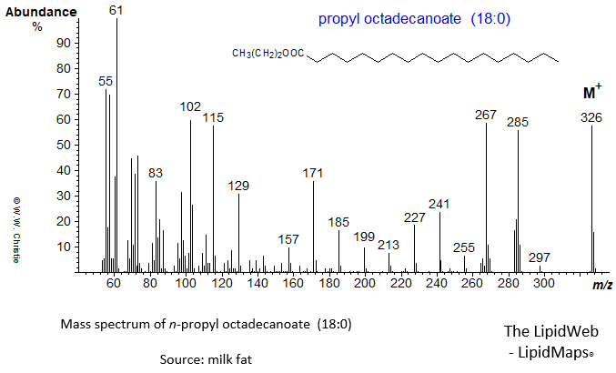 Mass spectrum of n-propyl octadecanoate (18:0 or stearate)