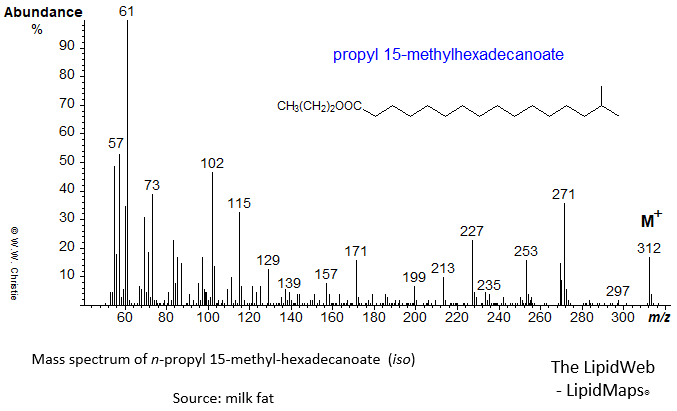Mass spectrum of n-propyl 15-methyl-hexadecanoate (iso)