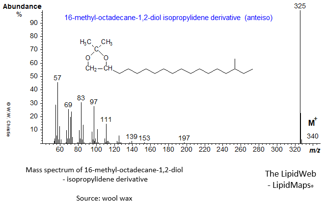 Mass spectrum of 16-methyl-octadecane-1,2-diol (anteiso) - isopropylidene derivative