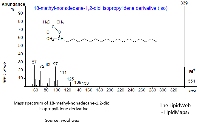 Mass spectrum of 18-methyl-nonadecane-1,2-diol (iso) - isopropylidene derivative