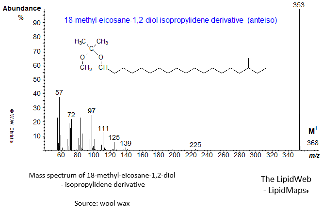 Mass spectrum of 18-methyl-eicosane-1,2-diol (anteiso) - isopropylidene derivative