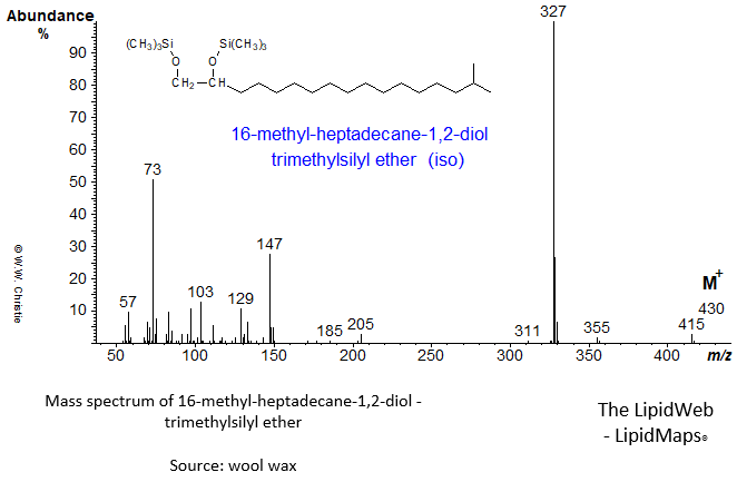Mass spectrum of 16-methyl-heptadecane-1,2-diol (iso) - trimethylsilyl ether derivative