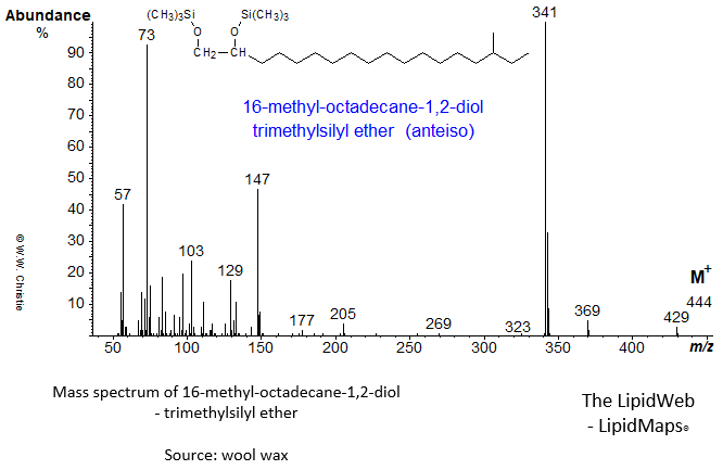 Mass spectrum of 16-methyl-octadecane-1,2-diol (anteiso) - trimethylsilyl ether derivative