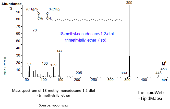 Mass spectrum of 18-methyl-nonadecane-1,2-diol (iso) - trimethylsilyl ether derivative
