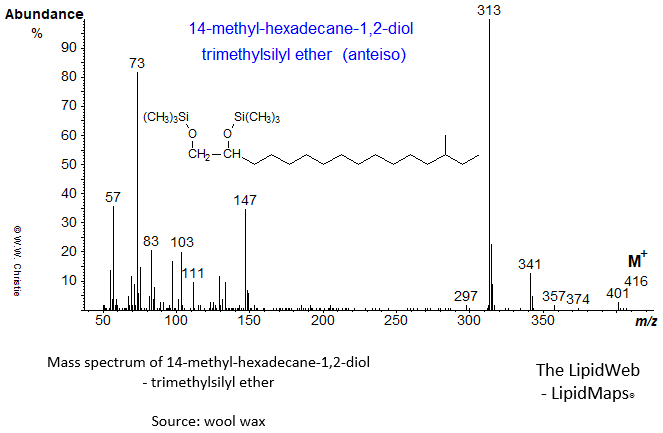Mass spectrum of 14-methyl-hexadecane-1,2-diol (anteiso) - trimethylsilyl ether derivative