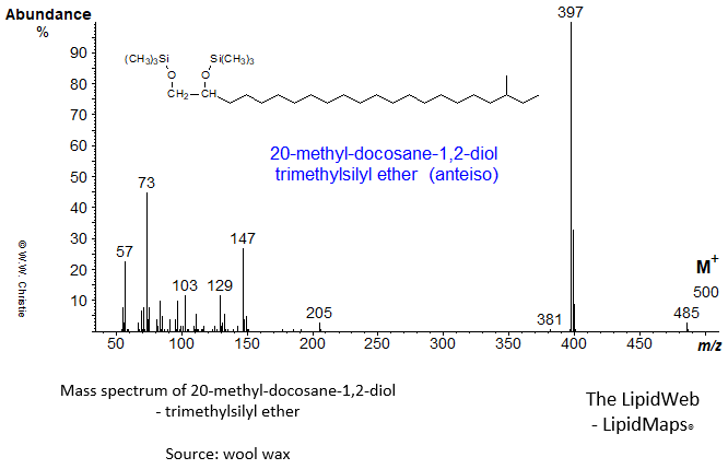 Mass spectrum of 20-methyl-docosane-1,2-diol (anteiso) - trimethylsilyl ether derivative