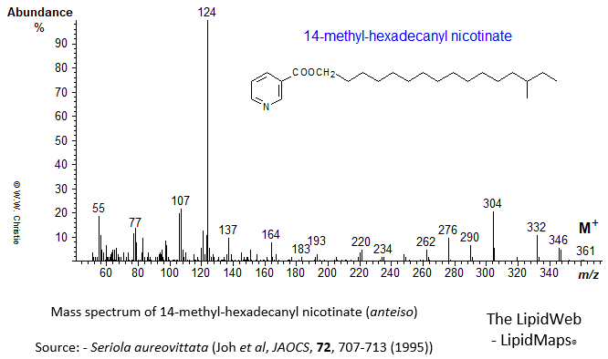 Mass spectrum of 14-methyl-hexadecanyl (anteiso) nicotinate