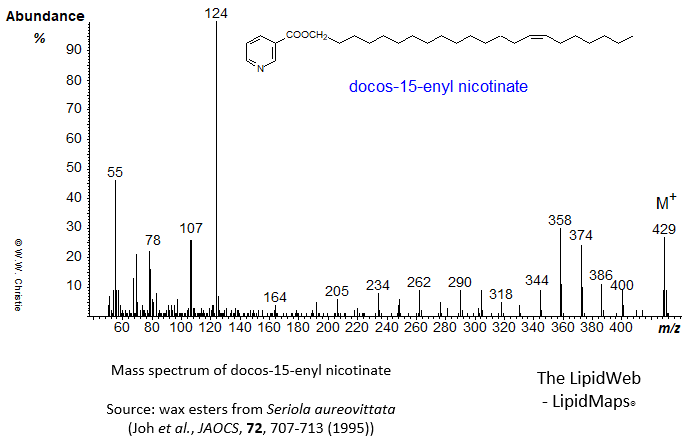 Mass spectrum of docos-15-enyl (15-22:1) nicotinate
