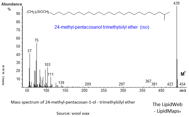 Mass spectrum of 24-methyl-pentacosan-1-ol (iso) - trimethylsilyl ether (TMS)