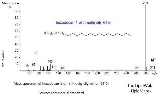 Mass spectrum of hexadecan-1-ol (16:0) - trimethylsilyl ether (TMS)