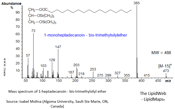 Mass spectrum of 1-heptadecanoin - bis-trimethylsilyl ether (TMS)