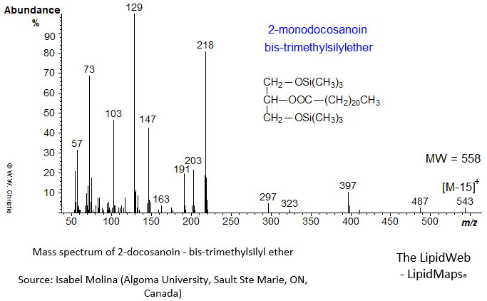 Mass spectrum of 2-docosanoin - bis-trimethylsilyl ethers (TMS)