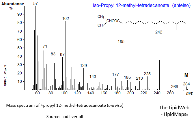 Mass spectrum of iso-propyl 12-methyl-tetradecanoate (anteiso)