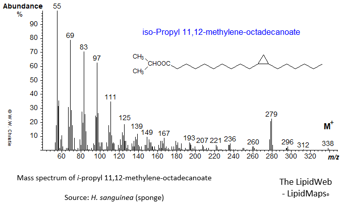 Mass spectrum of iso-propyl 11,12-methylene-octadecanoate (or lactobacillic acid)
