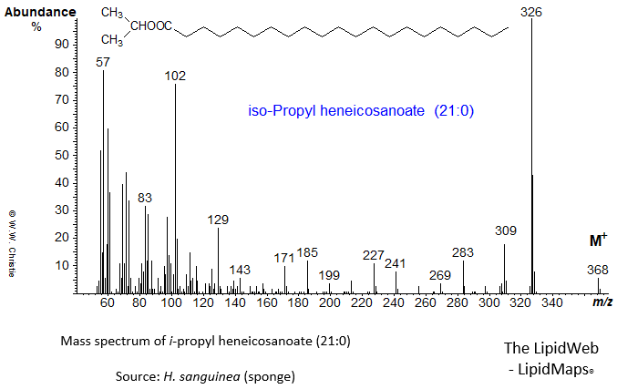 Mass spectrum of iso-propyl heneicosanoate (21:0)