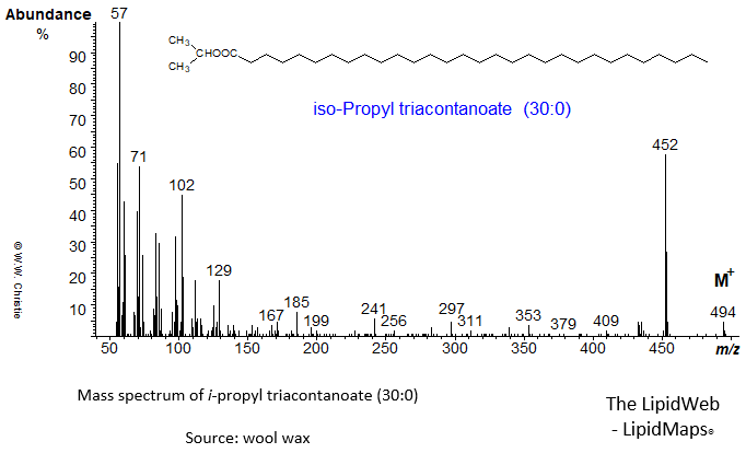 Mass spectrum of iso-propyl triacontanoate (30:0)