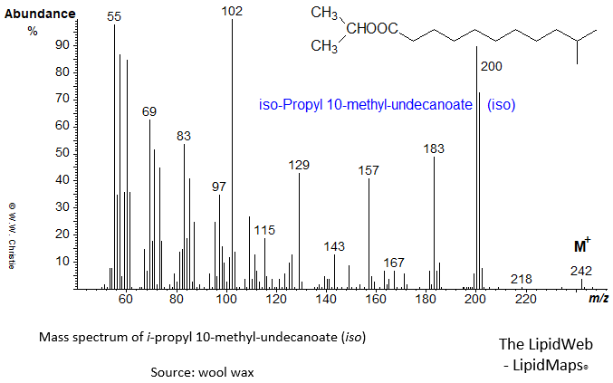 Mass spectrum of iso-propyl 10-methyl-undecanoate (iso)
