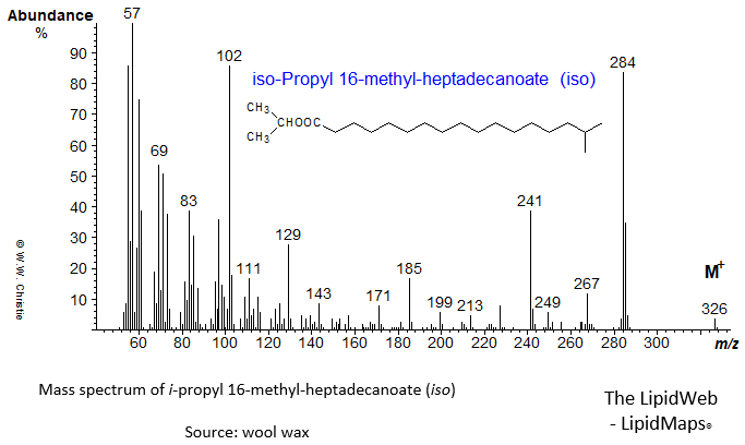 Mass spectrum of iso-propyl 16-methyl-heptadecanoate (iso)