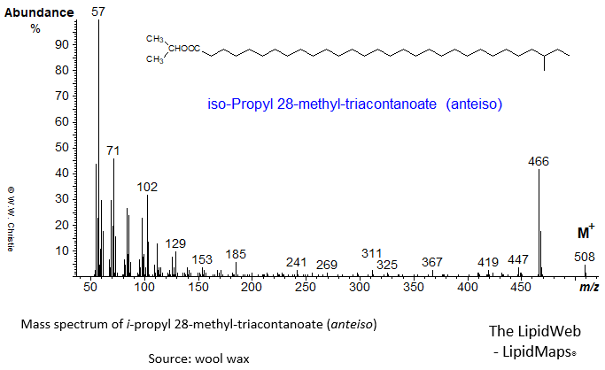 Mass spectrum of iso-propyl 28-methyl-triacontanoate (anteiso)