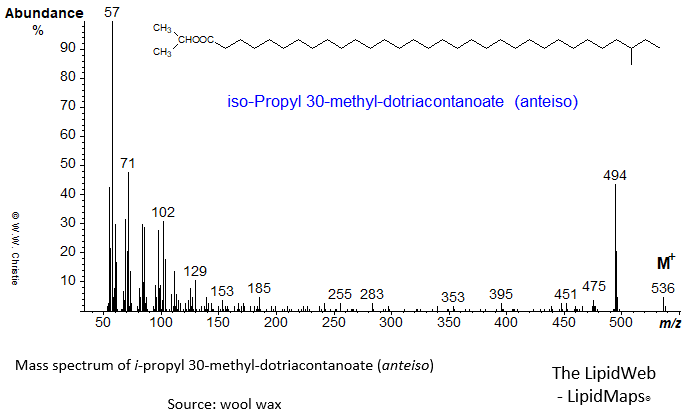 Mass spectrum of iso-propyl 30-methyl-dotriacontanoate (anteiso)