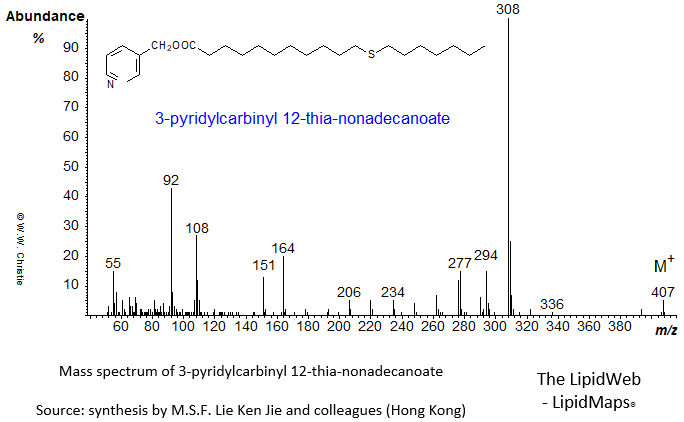 mass spectrum of 3-pyridylcarbinyl ('picolinyl') 12-thia-nonadecanoate