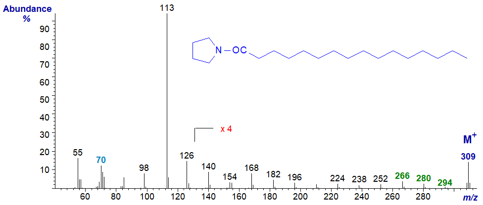 Mass spectrum of palmitoyl pyrrolidine