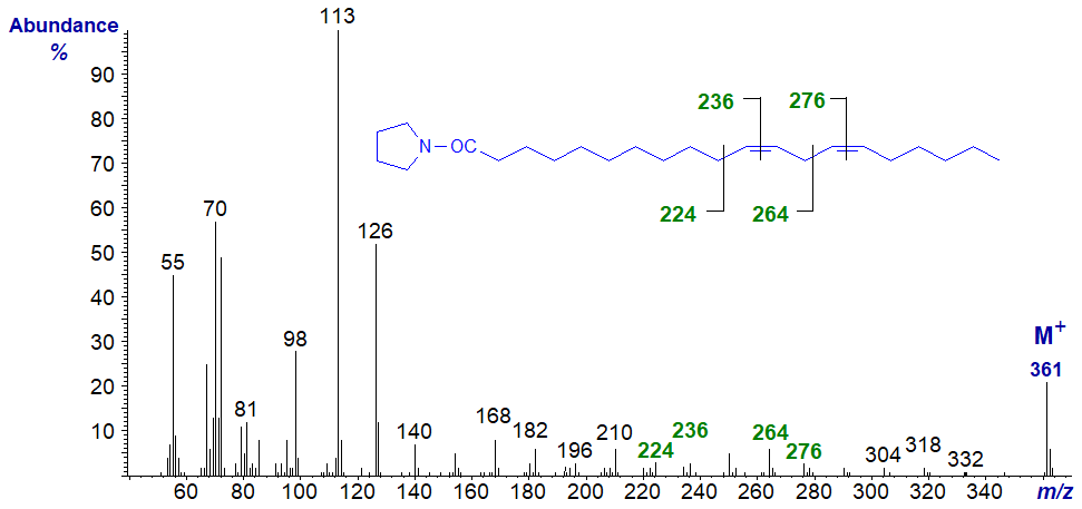 Mass spectrum of the pyrrolidide of 11,14-eicosadienoate